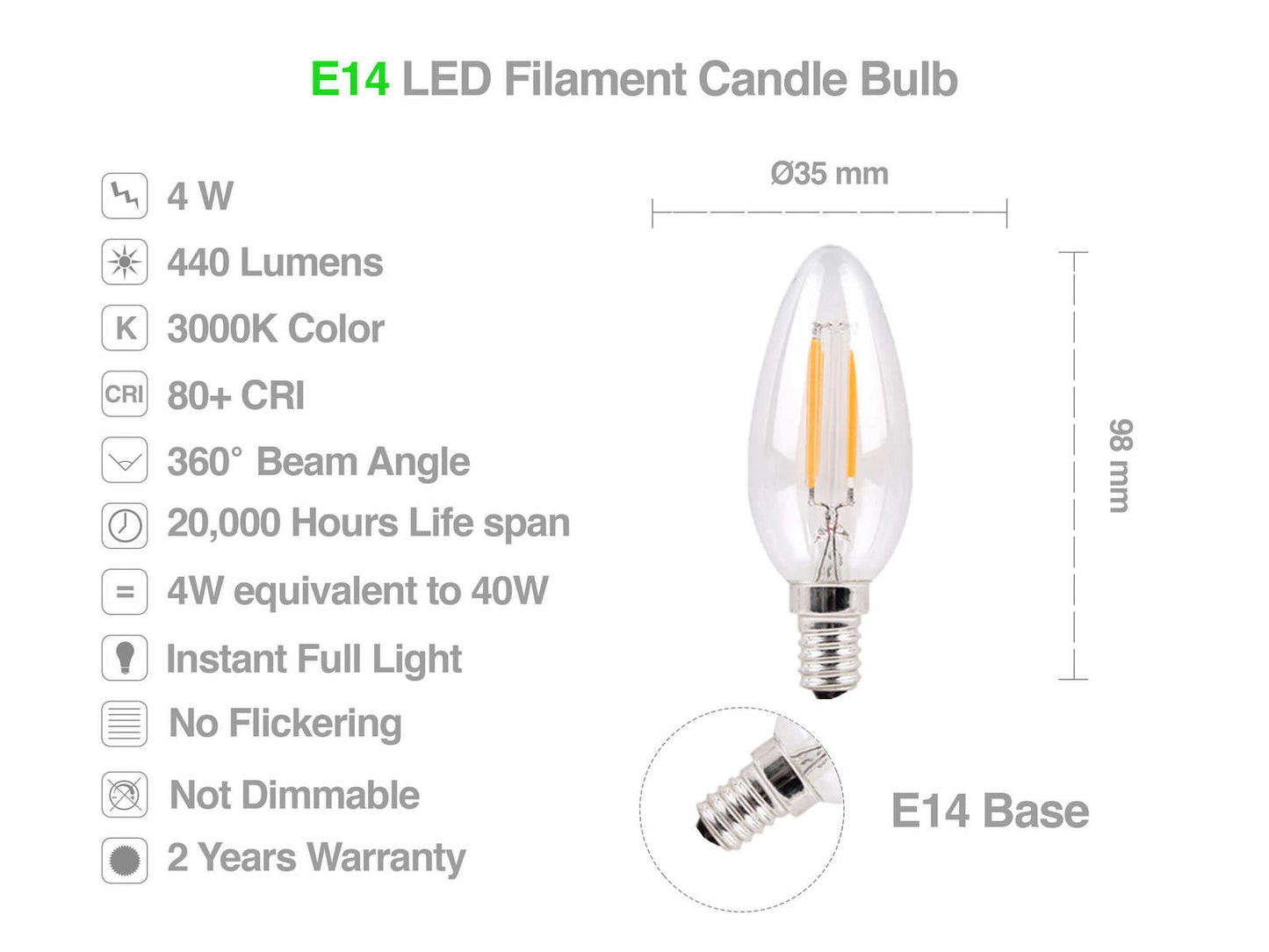 Metrix E14 LED 4W Filament 440 Lumen Bougie Blanc Chaud (Paquet de 10)