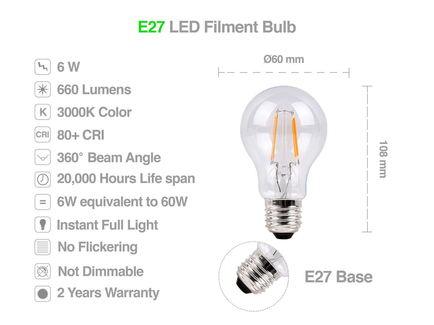 Metrix Filament LED E27 6W 660 Lumen Blanc Chaud