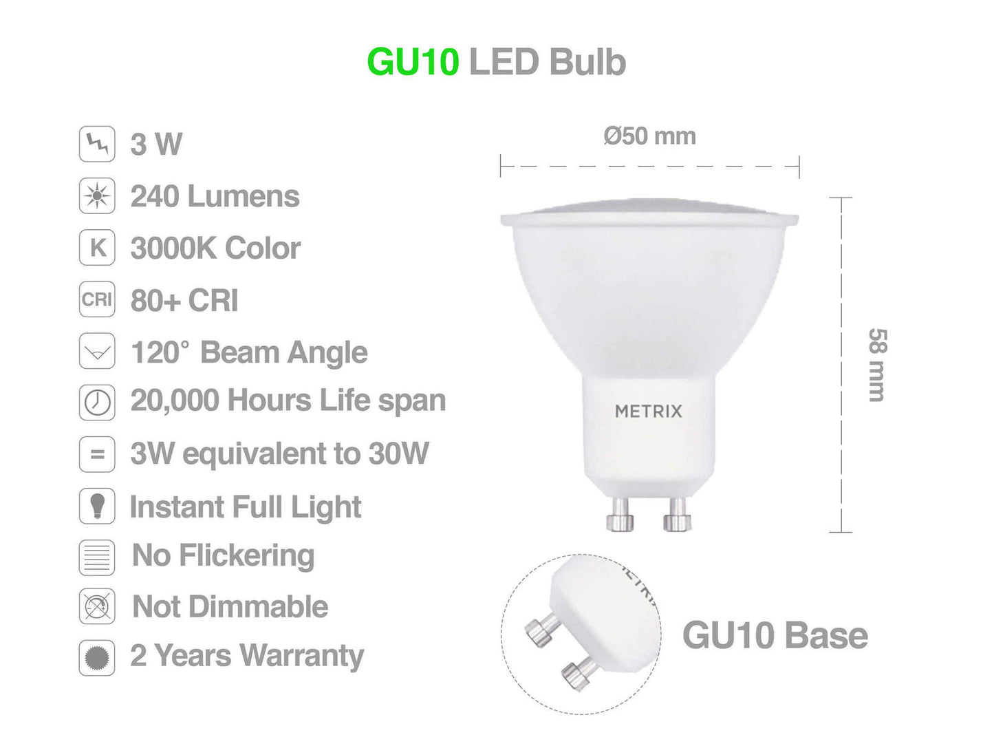 Lampe à réflecteur Metrix GU10 3W LED 240 lumens angle de faisceau 120 degrés