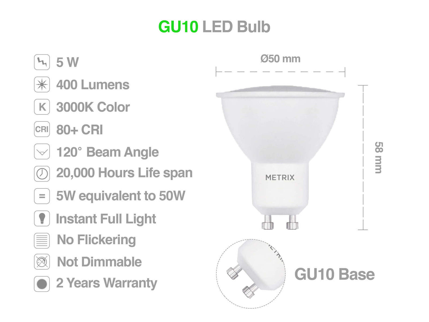 Réflecteur LED Metrix GU10 5W 120 degrés (10 pièces)