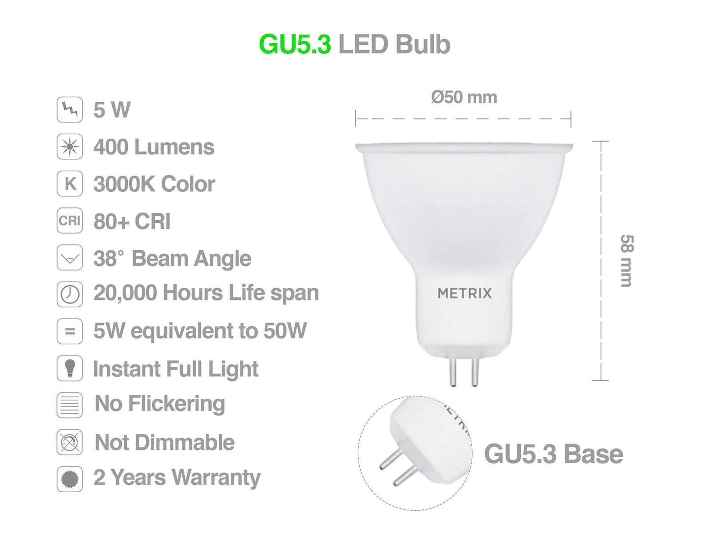 Réflecteur LED Metrix GU5.3 5W 38 degrés (10 pièces)