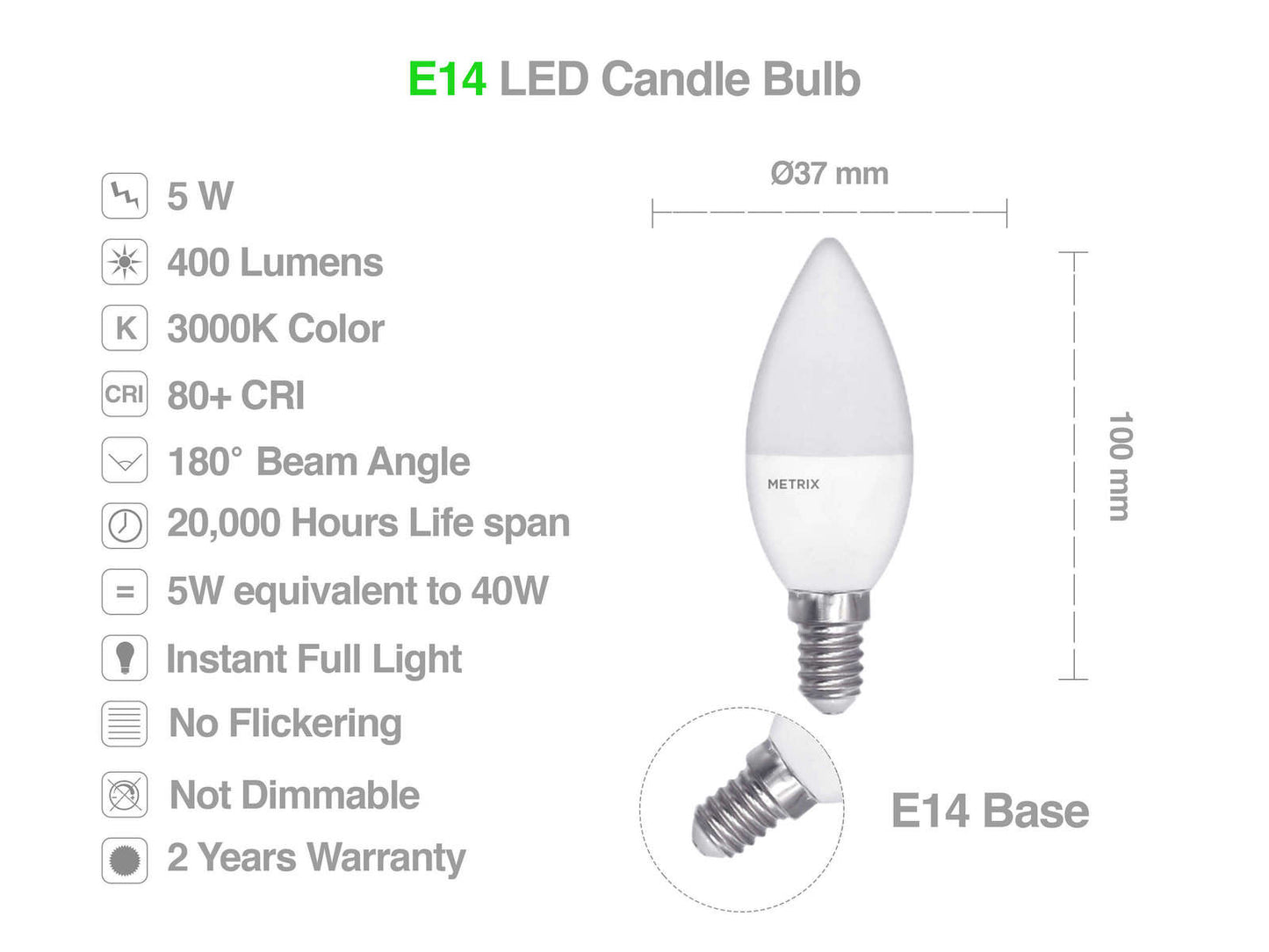 Metrix Ampoule LED E14 5W 400 Lumen Bougie Blanc Chaud (10 pièces)