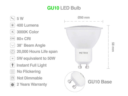 Metrix GU10 5W LED 400 Lumen Angle de Faisceau Réflecteur 38 Degrés (Lot de 10)
