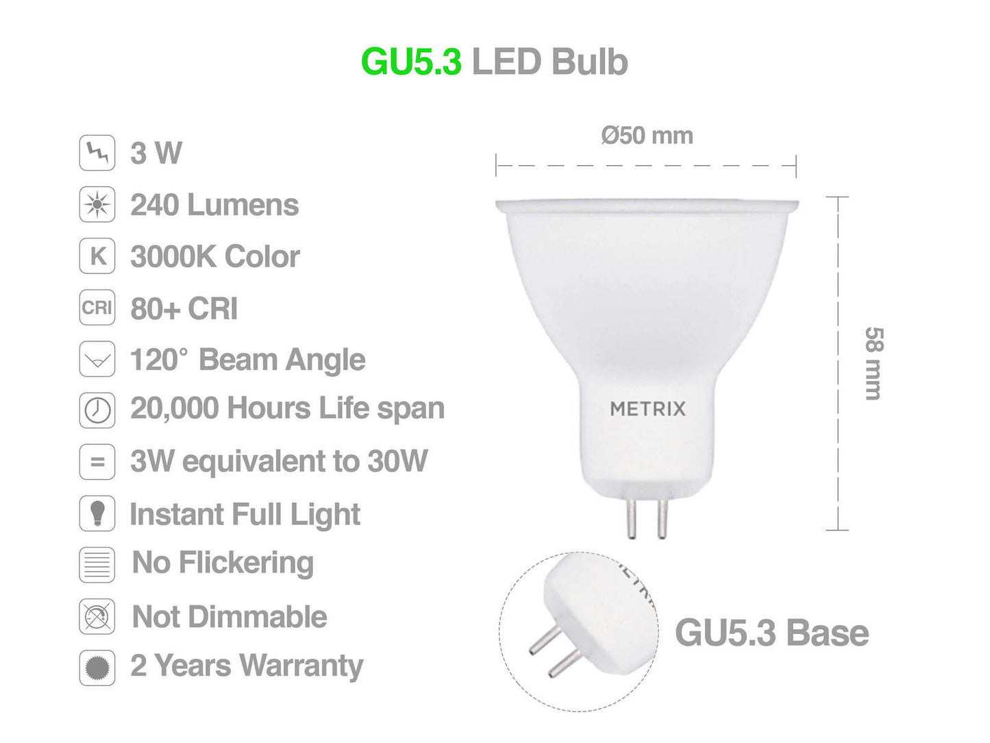 Metrix GU5.3 3W LED 240 lumens 120 degrés lampe à réflecteur d'angle de faisceau